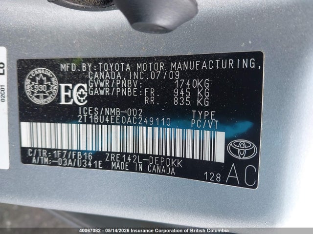 40067082 :رقم المزاد ، 2T1BU4EE0AC249110 vin ، 2010 Toyota Corolla Ce مزاد بيع
