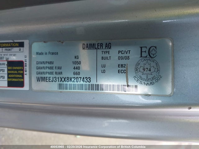 2008 Smart Fortwo Pure/passion მანქანა იყიდება აუქციონზე, vin: WMEEJ31XX8K207433, აუქციონის ნომერი: 40053965