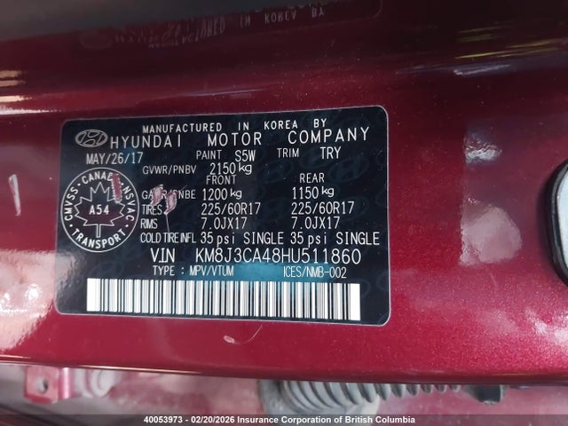 KM8J3CA48HU511860 Hyundai Tucson Limited/sport And Eco/se