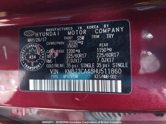 KM8J3CA48HU511860 Hyundai Tucson Limited/sport And Eco/se