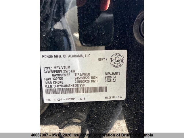 Продаж на аукціоні авто 2017 Acura Mdx, vin: 5FRYD4H43HB507959, номер лоту: 40067087