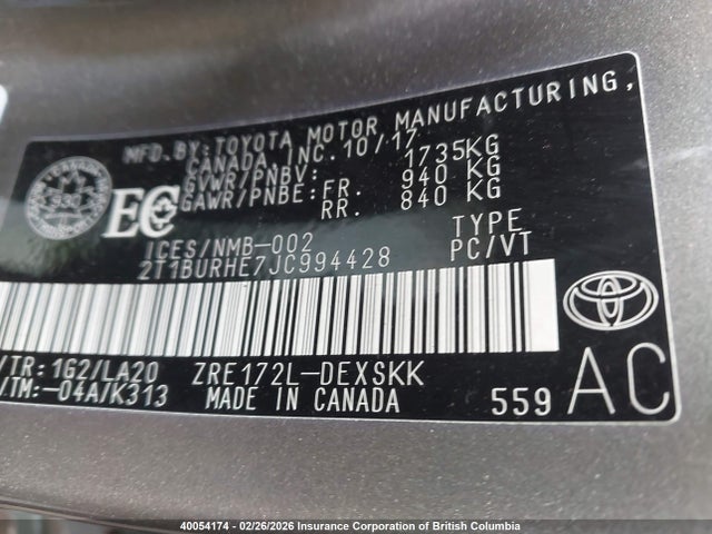 40054174 :رقم المزاد ، 2T1BURHE7JC994428 vin ، 2018 Toyota Corolla L/le/xle/se/xse مزاد بيع