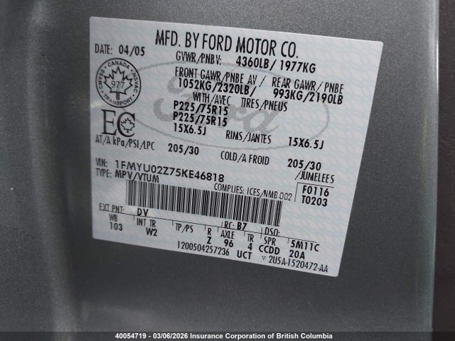 40054719 :رقم المزاد ، 1FMYU02Z75KE46818 vin ، 2005 Ford Escape Xls مزاد بيع