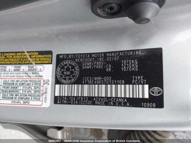 40063957 :رقم المزاد ، 4T1BE46K57U131109 vin ، 2007 Toyota Camry Ce/le/xle/se مزاد بيع