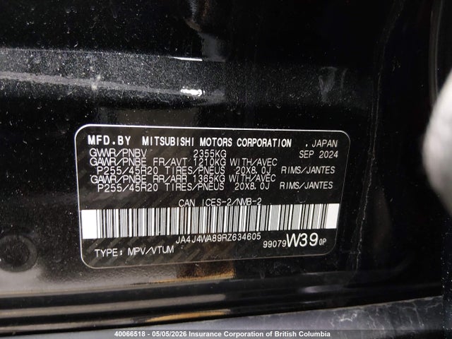 40066518 :رقم المزاد ، JA4J4WA89RZ634605 vin ، 2024 Mitsubishi Outlander Sel/platinum Edition مزاد بيع