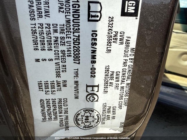 Aukcja sprzedaży 2005 Chevrolet Uplander, vin: 1GNDU03L75D283807, numer aukcji: 40067107