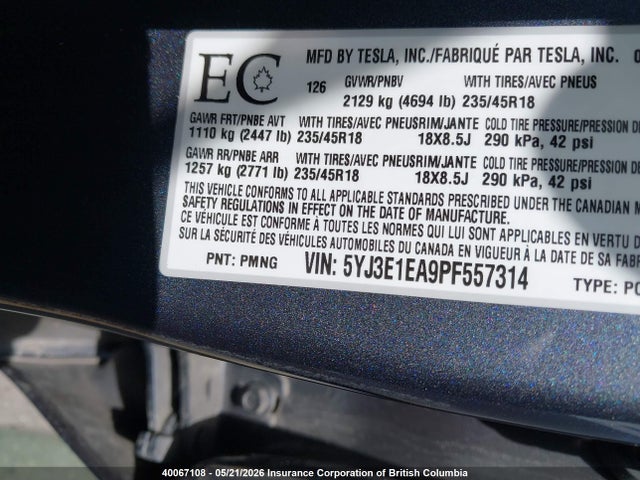 40067108 :رقم المزاد ، 5YJ3E1EA9PF557314 vin ، 2023 Tesla Model 3 مزاد بيع