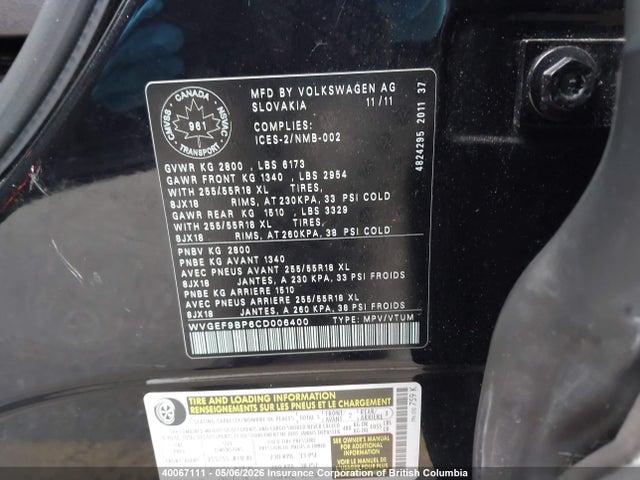 Продажа на аукционе авто 2012 Volkswagen Touareg 3.6l Comfortline/3.6l Execline/3.6l Highline, vin: WVGEF9BP6CD006400, номер лота: 40067111