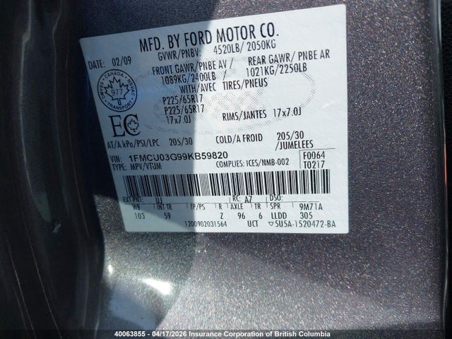 Продажа на аукционе авто 2009 Ford Escape Xlt, vin: 1FMCU03G99KB59820, номер лота: 40063855
