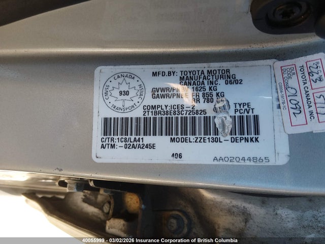 40055999 :رقم المزاد ، 2T1BR38E83C725825 vin ، 2003 Toyota Corolla Ce/le/s مزاد بيع