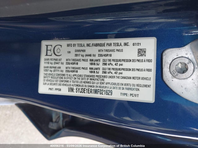 Продаж на аукціоні авто 2021 Tesla Model 3, vin: 5YJ3E1EA1MF021629, номер лоту: 40056316