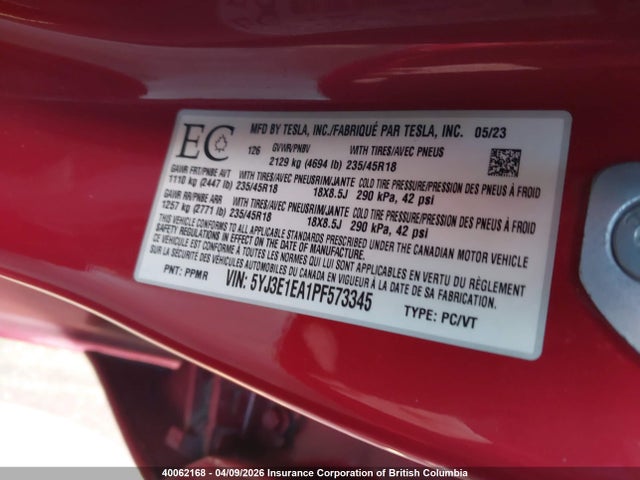 40062168 :رقم المزاد ، 5YJ3E1EA1PF573345 vin ، 2023 Tesla Model 3 مزاد بيع