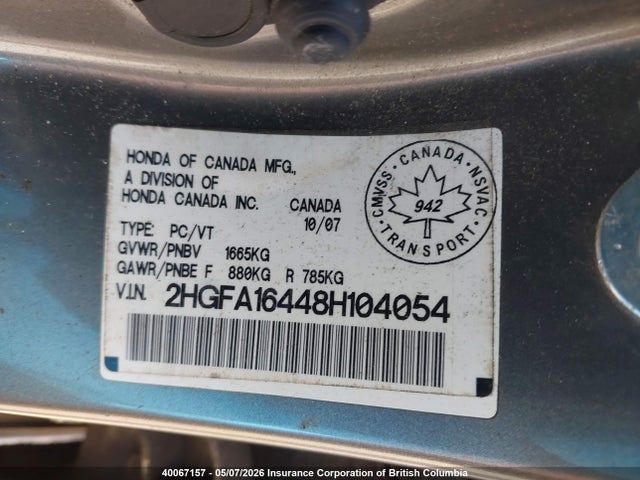 2008 Honda Civic მანქანა იყიდება აუქციონზე, vin: 2HGFA16448H104054, აუქციონის ნომერი: 40067157