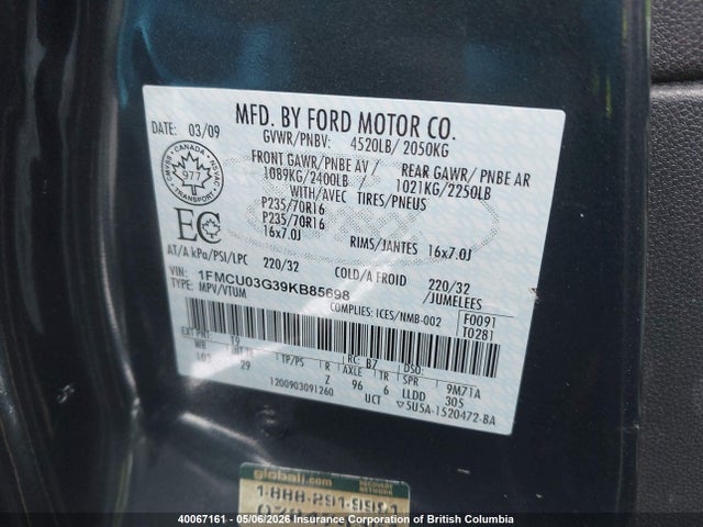 40067161 :رقم المزاد ، 1FMCU03G39KB85698 vin ، 2009 Ford Escape Xlt مزاد بيع