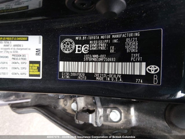 40057078 :رقم المزاد ، 5YFBPMBE0MP250693 vin ، 2021 Toyota Corolla Le مزاد بيع