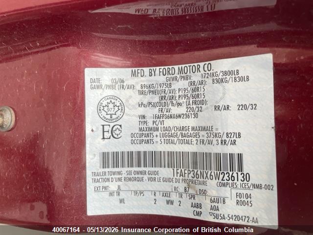 Продажа на аукционе авто 2006 Ford Focus, vin: 1FAFP36NX6W236130, номер лота: 40067164