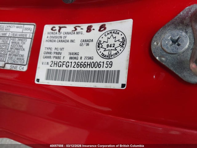 Aukcja sprzedaży 2006 Honda Civic Lx, vin: 2HGFG12666H006159, numer aukcji: 40057556