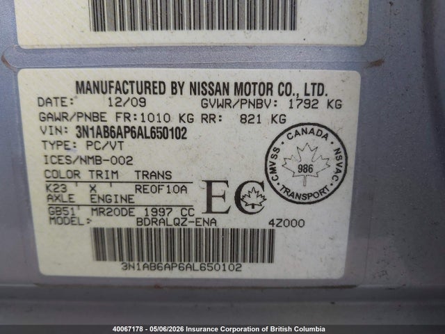 Продажа на аукционе авто 2010 Nissan Sentra 2.0, vin: 3N1AB6AP6AL650102, номер лота: 40067178