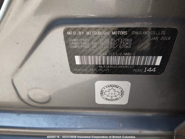 40058716 :رقم المزاد ، ML32A3HJ2JH008157 vin ، 2018 Mitsubishi Mirage Es مزاد بيع