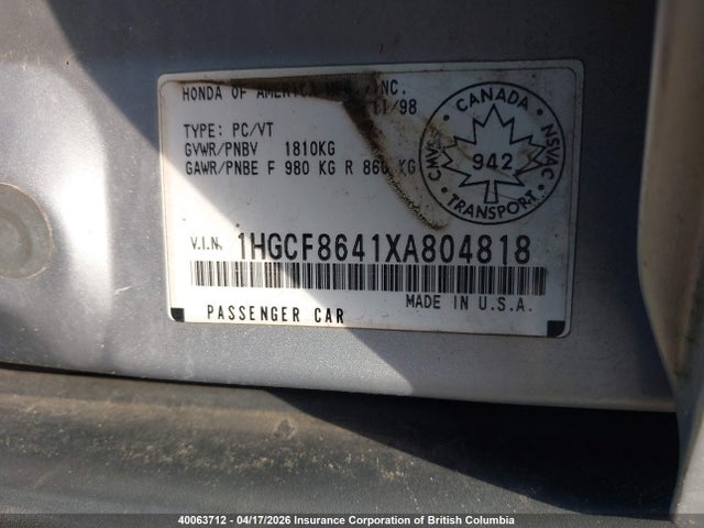 40063712 :رقم المزاد ، 1HGCF8641XA804818 vin ، 1999 Honda Accord Dx مزاد بيع