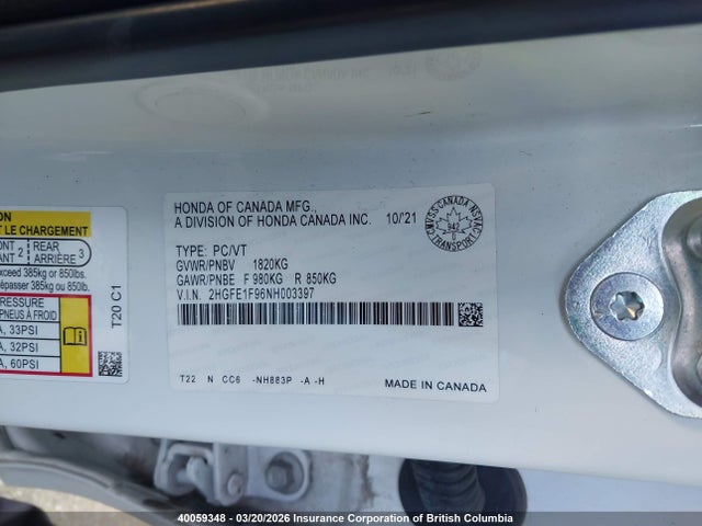Продажа на аукционе авто 2022 Honda Civic Touring, vin: 2HGFE1F96NH003397, номер лота: 40059348