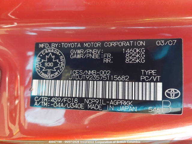 40067199 :رقم المزاد ، JTDJT923575115682 vin ، 2007 Toyota Yaris مزاد بيع