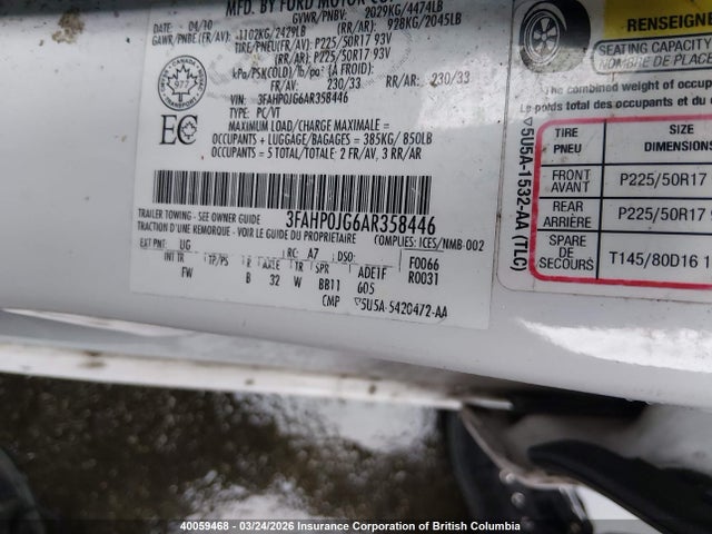Продажа на аукционе авто 2010 Ford Fusion Sel, vin: 3FAHP0JG6AR358446, номер лота: 40059468