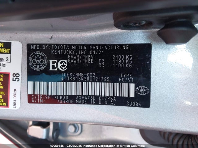 40059546 :رقم المزاد ، 4T1K61BK3RU121795 vin ، 2024 Toyota Camry Xse مزاد بيع