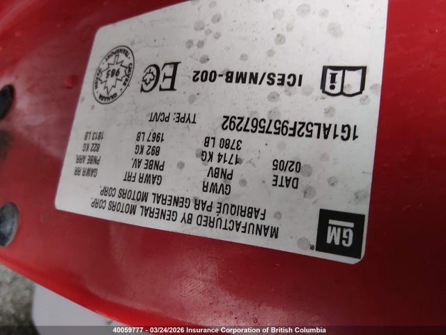 Aukcja sprzedaży 2005 Chevrolet Cobalt Ls, vin: 1G1AL52F957567292, numer aukcji: 40059777