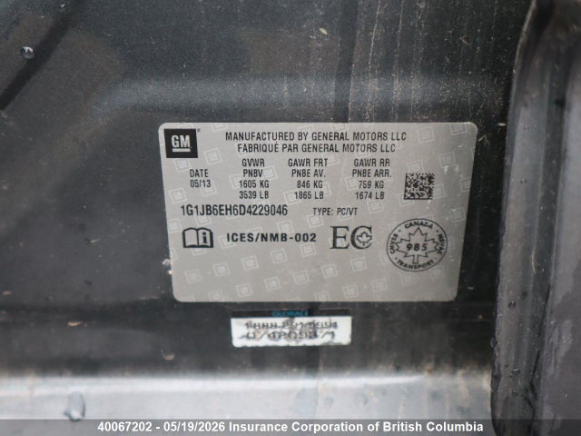 Продаж на аукціоні авто 2013 Chevrolet Sonic, vin: 1G1JB6EH6D4229046, номер лоту: 40067202