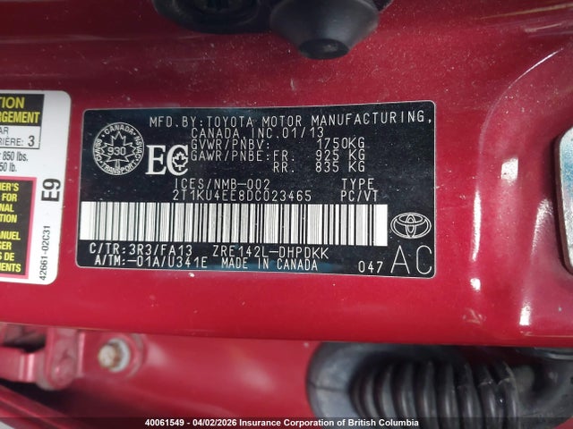40061549 :رقم المزاد ، 2T1KU4EE8DC023465 vin ، 2013 Toyota Corolla Matrix مزاد بيع