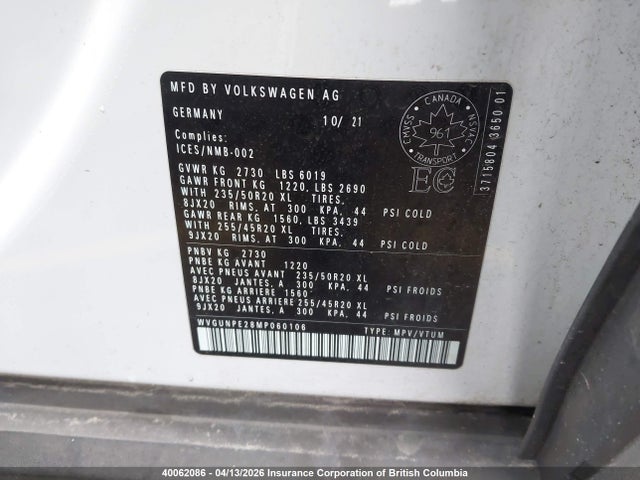 2021 Volkswagen Id.4 Pro S მანქანა იყიდება აუქციონზე, vin: WVGUNPE28MP060106, აუქციონის ნომერი: 40062086