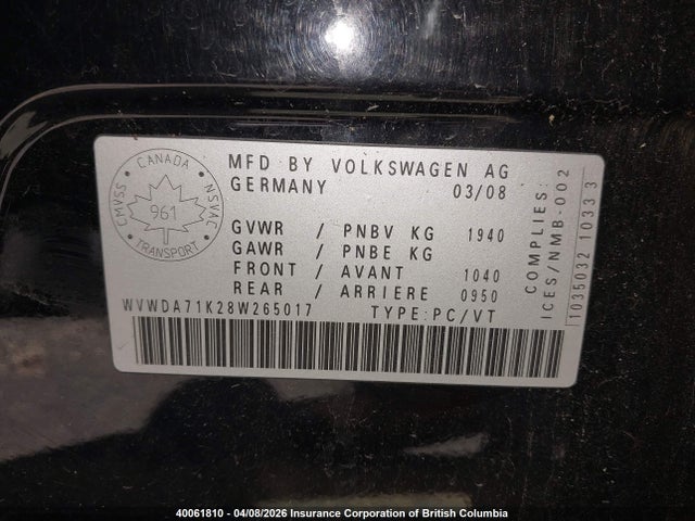 2008 Volkswagen Rabbit მანქანა იყიდება აუქციონზე, vin: WVWDA71K28W265017, აუქციონის ნომერი: 40061810