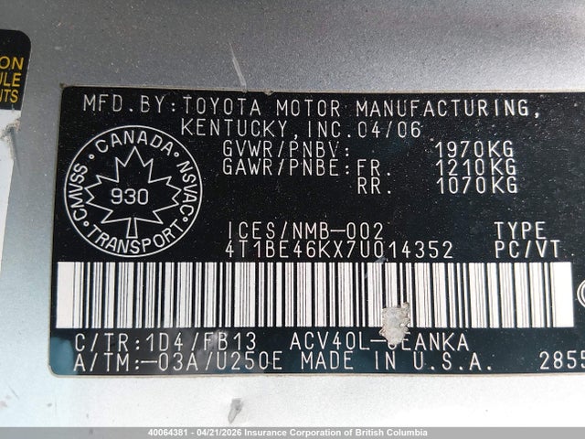 40064381 :رقم المزاد ، 4T1BE46KX7U014352 vin ، 2007 Toyota Camry Ce/le/xle/se مزاد بيع