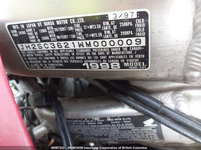 Продажа на аукционе авто 1998 Honda Vtr1000 F/canada, vin: JH2SC3621WM000009, номер лота: 40067232
