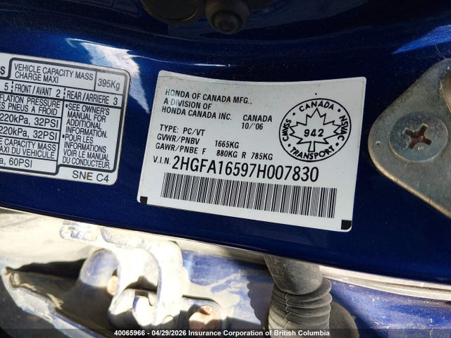 2007 Honda Civic Lx მანქანა იყიდება აუქციონზე, vin: 2HGFA16597H007830, აუქციონის ნომერი: 40065966