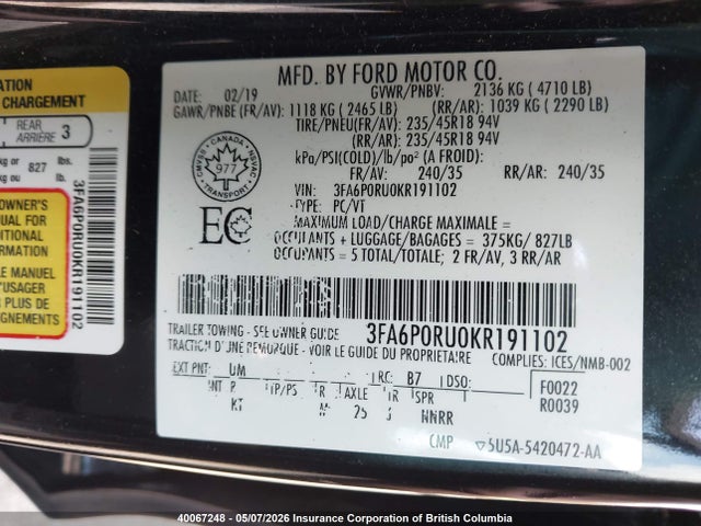 Продаж на аукціоні авто 2019 Ford Fusion Titanium, vin: 3FA6P0RU0KR191102, номер лоту: 40067248