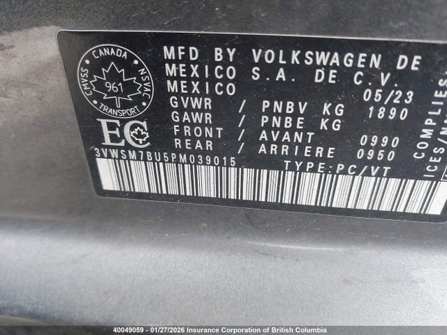 2023 Volkswagen Jetta Comfortline მანქანა იყიდება აუქციონზე, vin: 3VWSM7BU5PM039015, აუქციონის ნომერი: 40049059