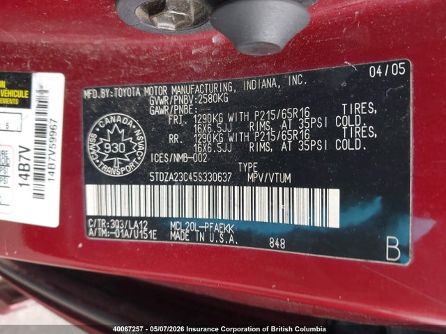 40067257 :رقم المزاد ، 5TDZA23C45S330637 vin ، 2005 Toyota Sienna Ce/le مزاد بيع