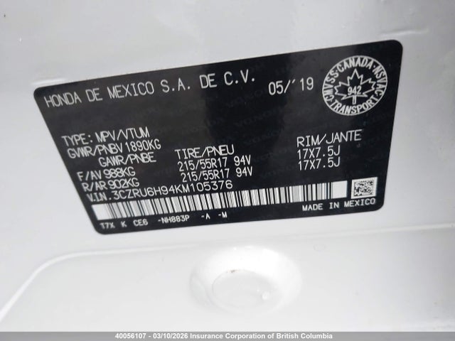 3CZRU6H94KM105376 Honda Hr-v Touring