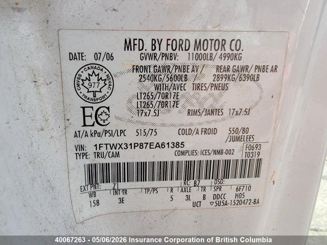 40067263 :رقم المزاد ، 1FTWX31P87EA61385 vin ، 2007 Ford F350 مزاد بيع