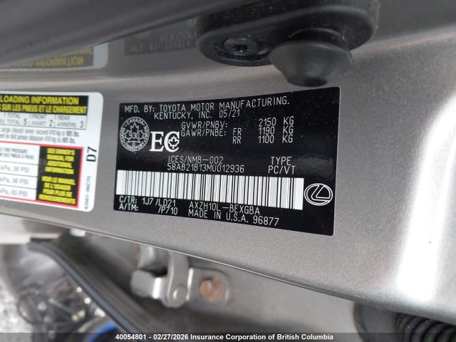 Продажа на аукционе авто 2021 Lexus Es 300h 300h, vin: 58AB21B13MU012936, номер лота: 40054801
