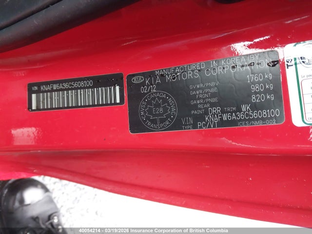 Aukcja sprzedaży 2012 Kia Forte Sx, vin: KNAFW6A36C5608100, numer aukcji: 40054214