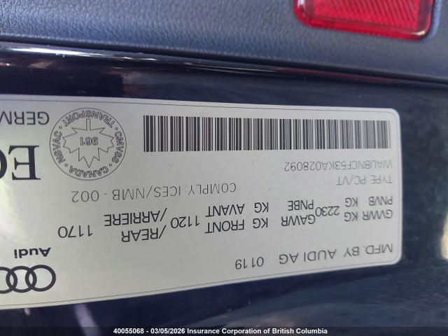 Aukcja sprzedaży 2019 Audi A5 Premium Plus, vin: WAUBNCF53KA028092, numer aukcji: 40055068