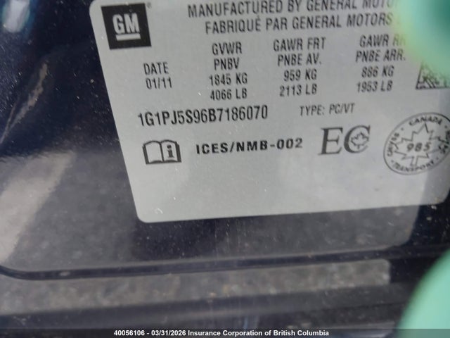40056106 :رقم المزاد ، 1G1PJ5S96B7186070 vin ، 2011 Chevrolet Cruze Eco مزاد بيع