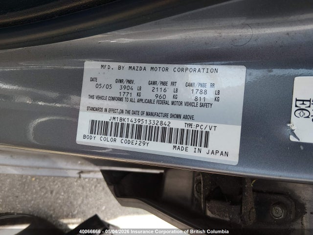 Продаж на аукціоні авто 2005 Mazda 3 Hatchback, vin: JM1BK143951332842, номер лоту: 40066666