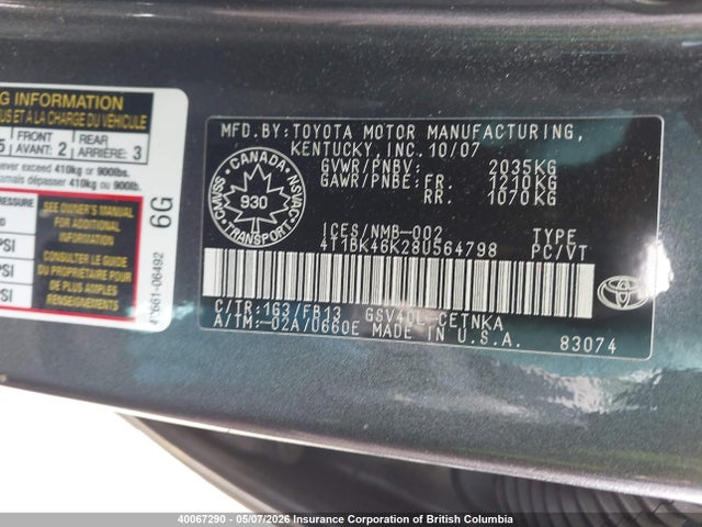 40067290 :رقم المزاد ، 4T1BK46K28U564798 vin ، 2008 Toyota Camry مزاد بيع