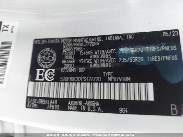 40067299 :رقم المزاد ، 5TDEBRCH2PS127720 vin ، 2023 Toyota Highlander Hybrid Limited/hybrid Platinum مزاد بيع