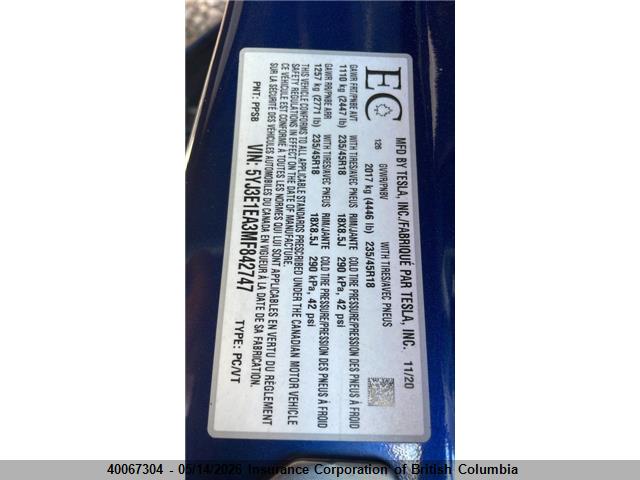 40067304 :رقم المزاد ، 5YJ3E1EA3MF842747 vin ، 2021 Tesla Model 3 مزاد بيع