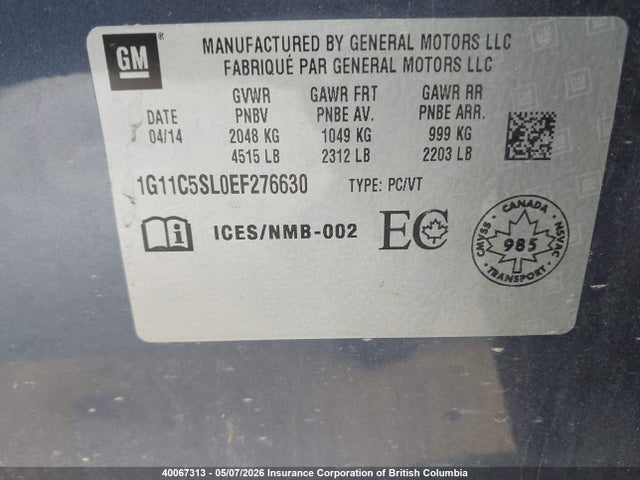 2014 Chevrolet Malibu 1lt მანქანა იყიდება აუქციონზე, vin: 1G11C5SL0EF276630, აუქციონის ნომერი: 40067313